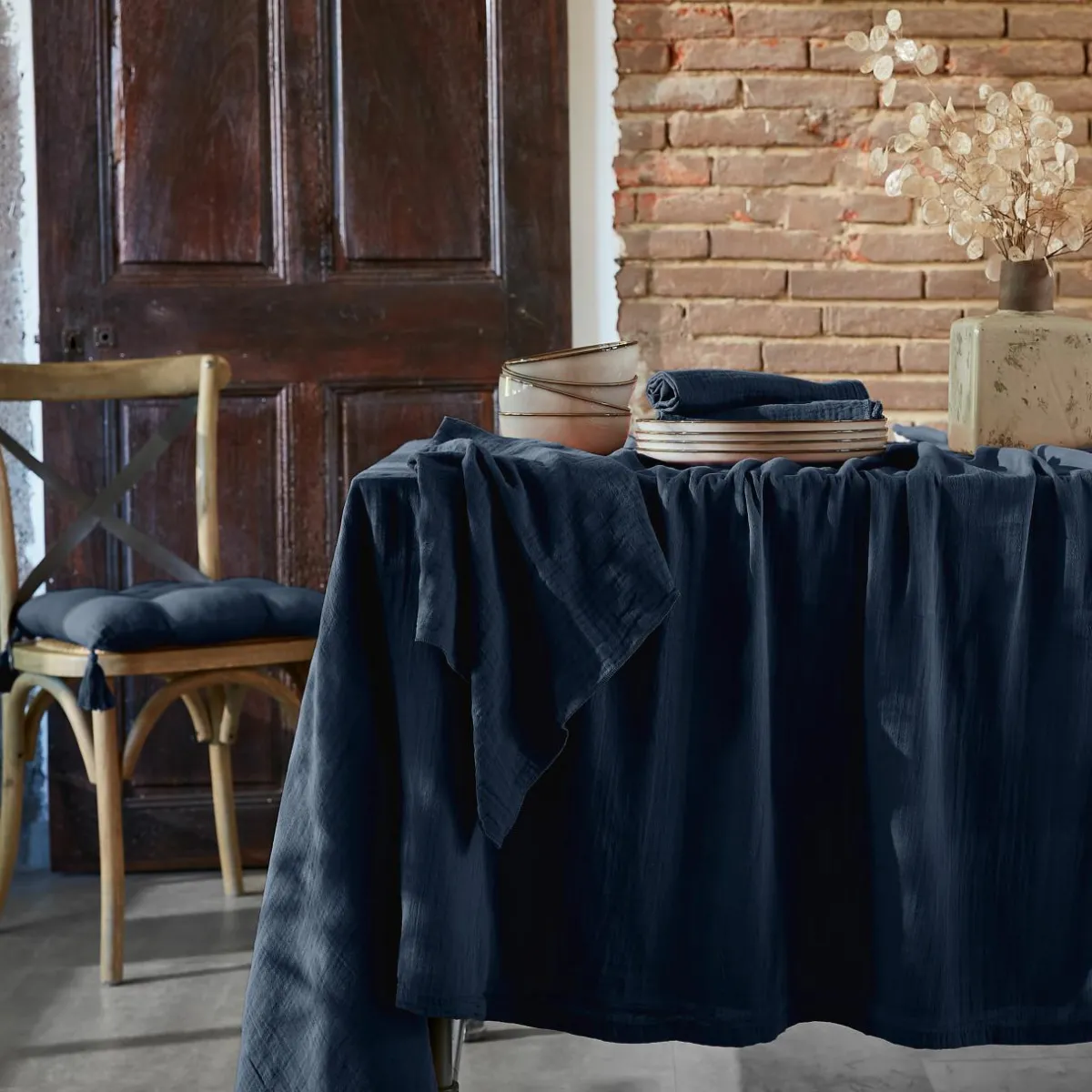 EMINZA Lot de 3 serviettes gaze de coton (40 x 40 cm) Gaïa Bleu nuit Outlet