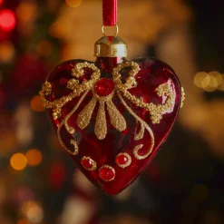 KAEMINGK Lot de 2 suspensions de Noël en verre (H8 cm) Coeurs précieux pailleté or Bordeaux New