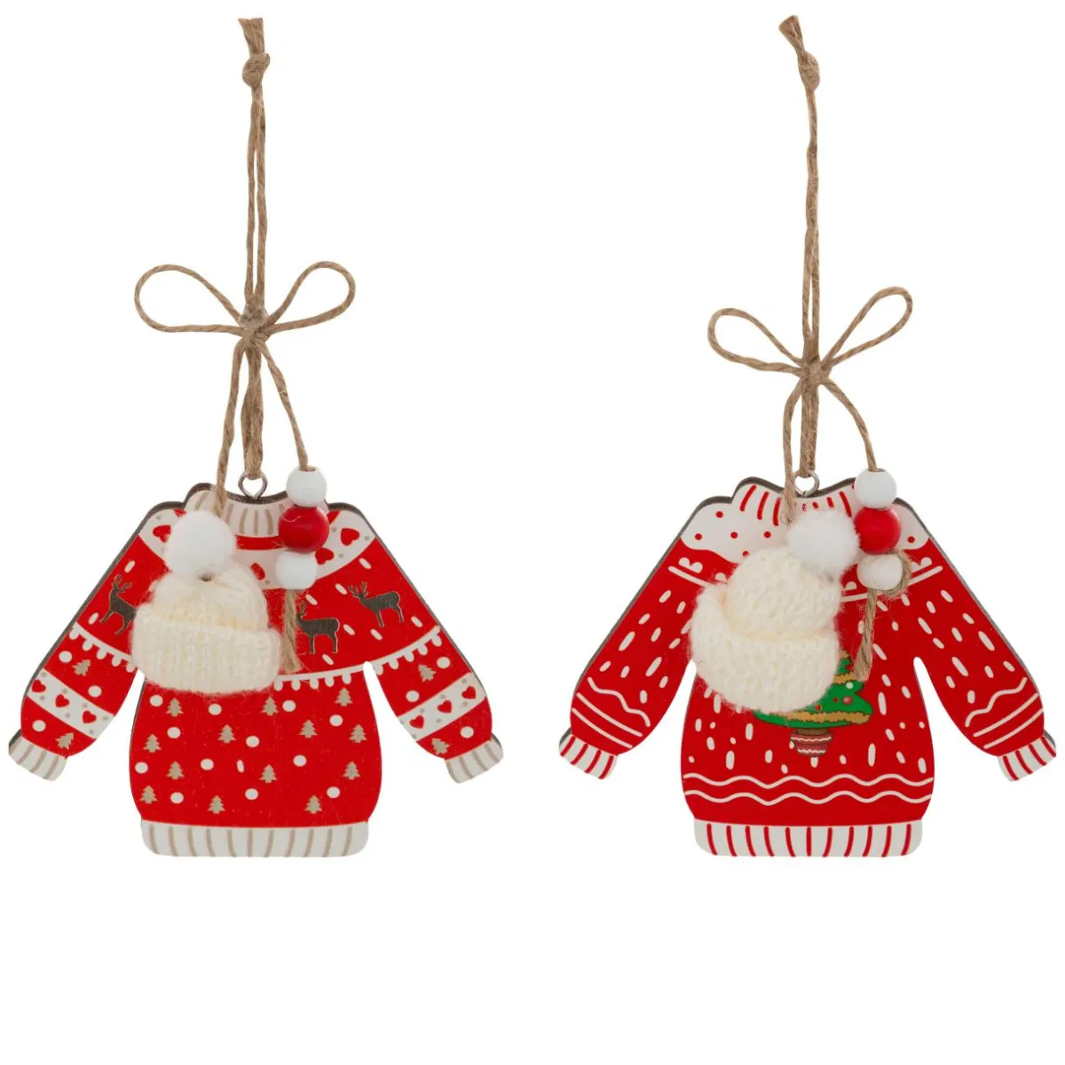 JJA Lot de 2 suspensions en bois (H12 cm) Pull de Noël et blanc Rouge Sale