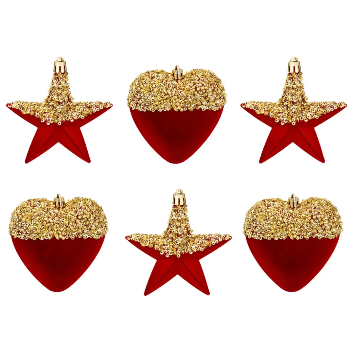 JJA Lot de 6 suspensions (H15 cm) Cœurs et étoiles paillettes Rouge et Or Discount