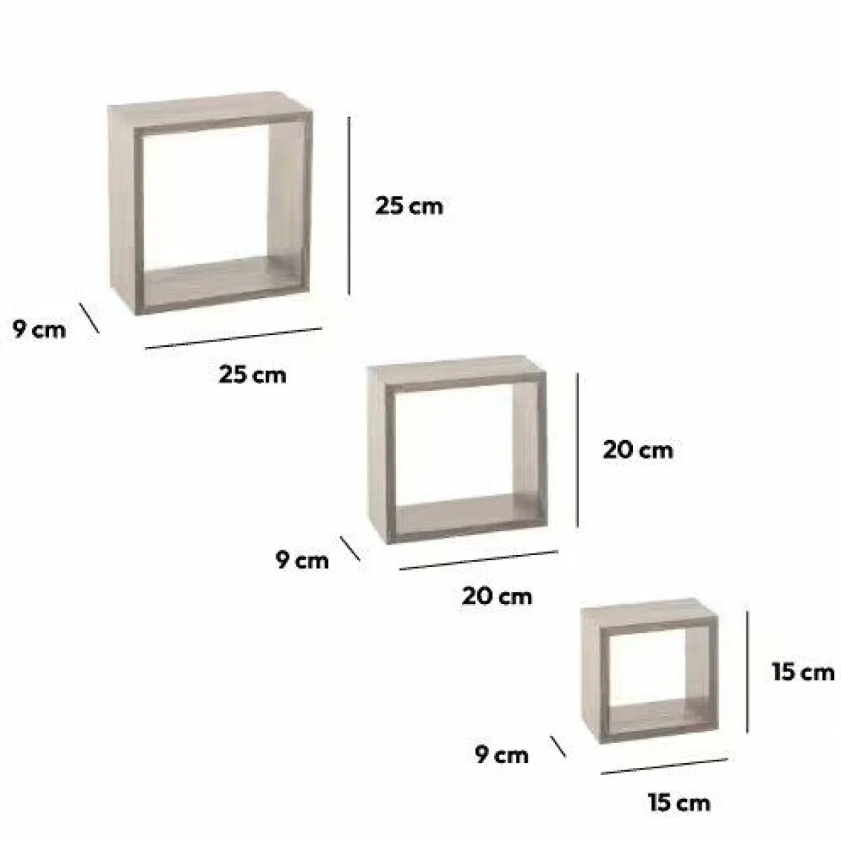ATMOSPHERA Lot de 3 étagères bois (H15-20-25 cm) Cube Gris Gris clair New