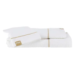 TENDANCE Lot de serviettes de bain 50x90 cm + 70x130 cm + 1 gant de toilette Japandi et or Blanc Sale