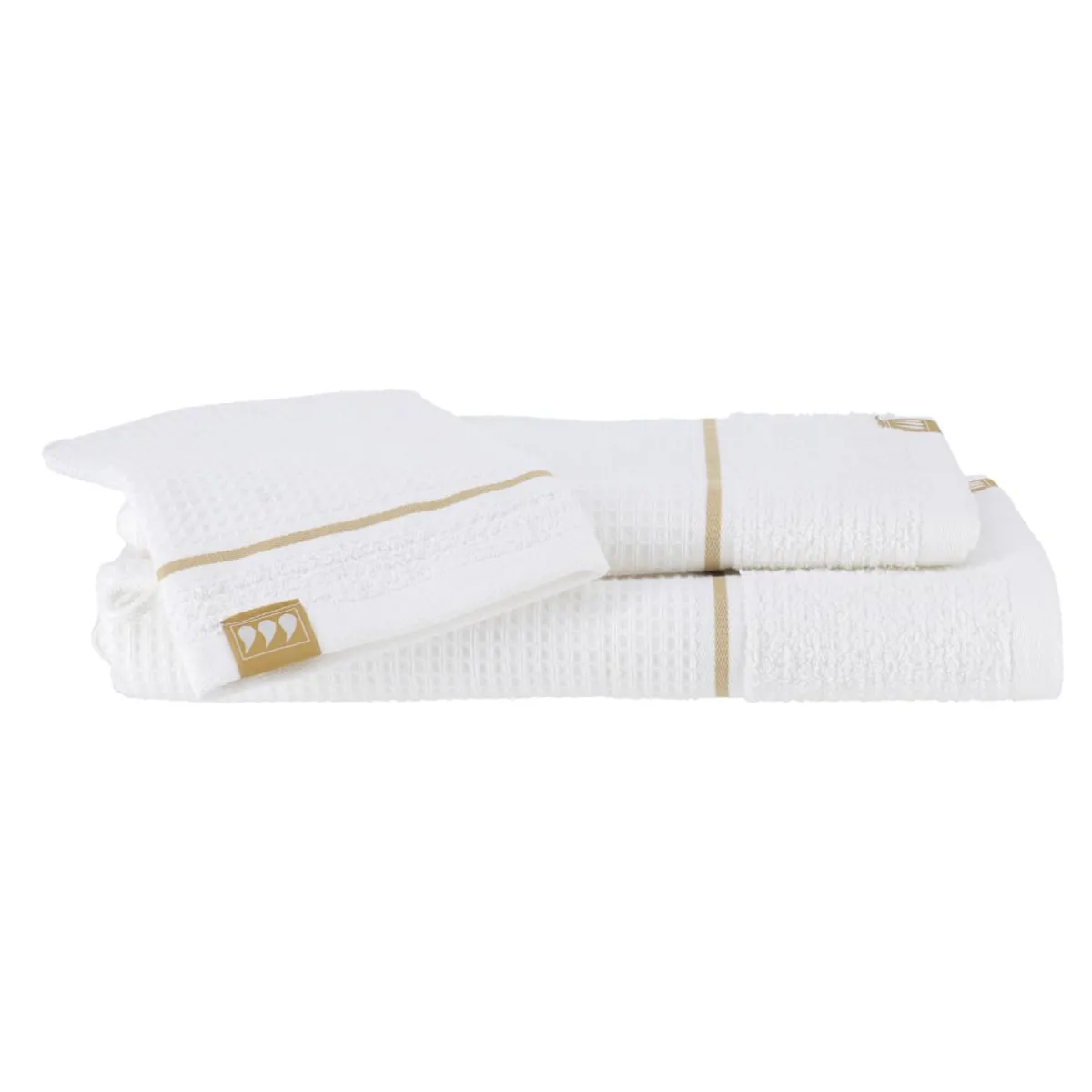 TENDANCE Lot de serviettes de bain 50x90 cm + 70x130 cm + 1 gant de toilette Japandi et or Blanc Sale