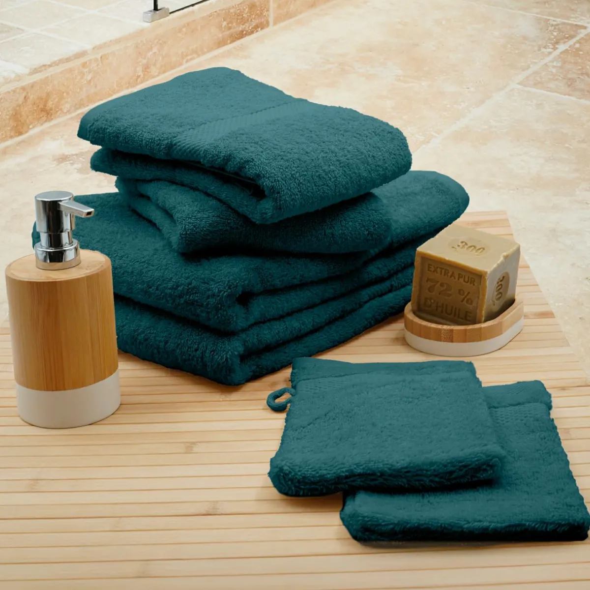douceur d'intu017drieur Lot de serviettes de bain 50x90 cm x2 + serviettes 70x130cm x2 + gants de toilette x2 Elegance Bleu New