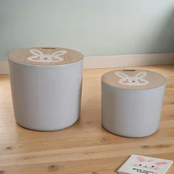 EMINZA Lots de 2 poufs de rangement gigognes enfant bois (H31 et 24 cm) Lapin Gris Sale