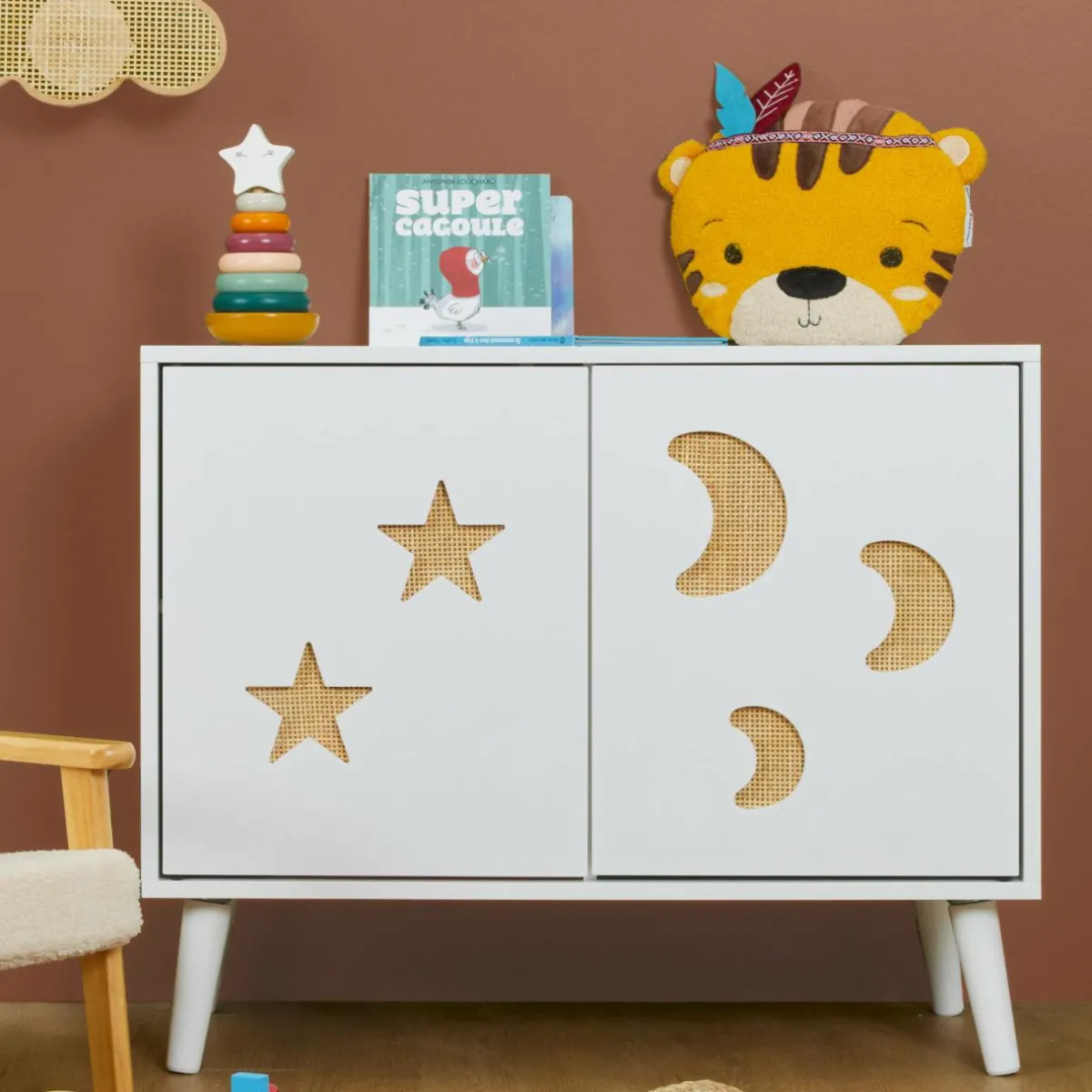 EMINZA Meuble de rangement enfant bois 2 portes (H65 cm) Stars Blanc Outlet