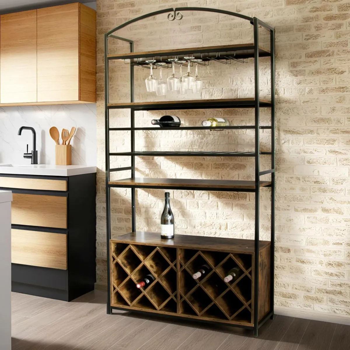 EMINZA Meuble range-bouteilles industriel 32 emplacements et porte-verres (H180 cm) Marceau Marron New