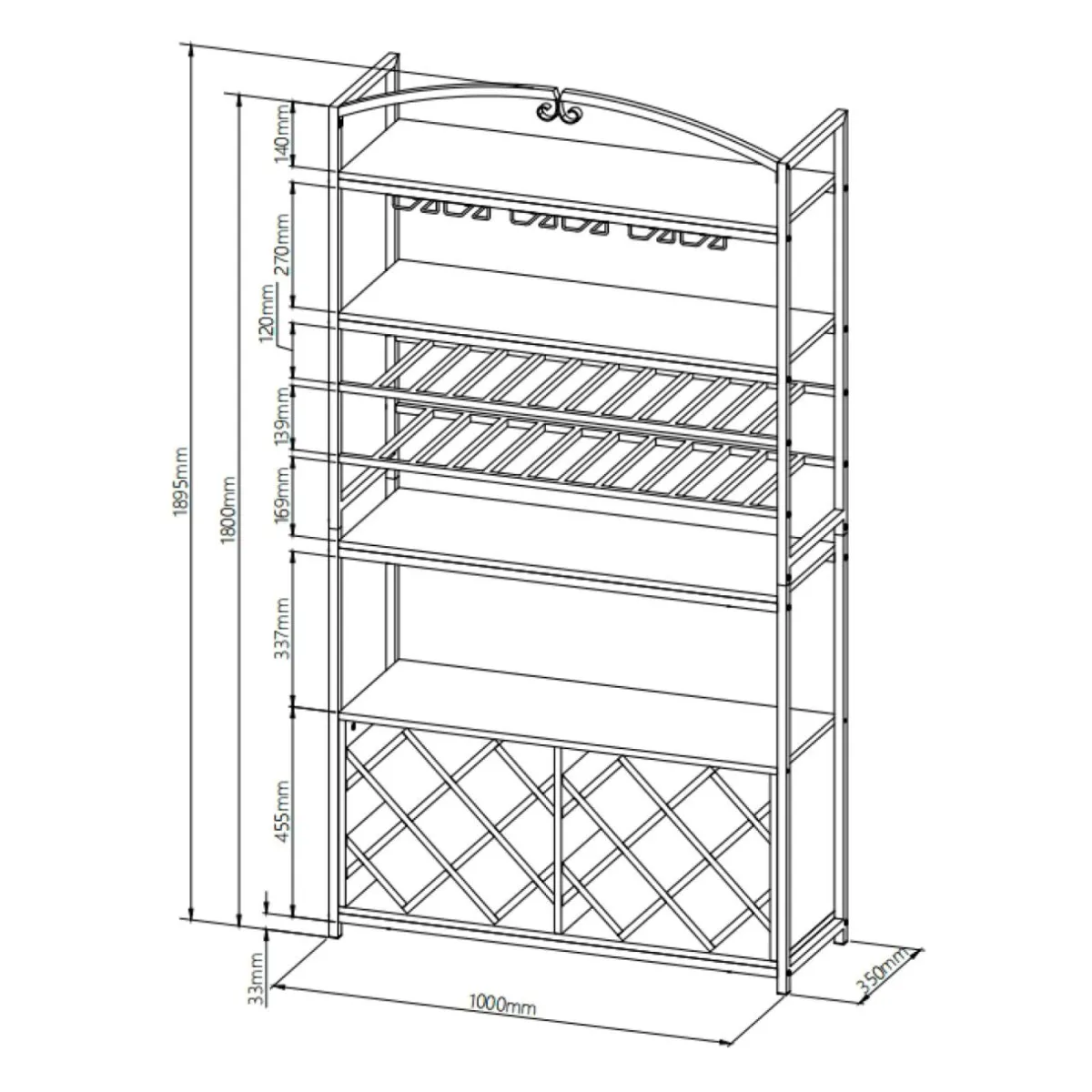 EMINZA Meuble range-bouteilles industriel 32 emplacements et porte-verres (H180 cm) Marceau Marron New