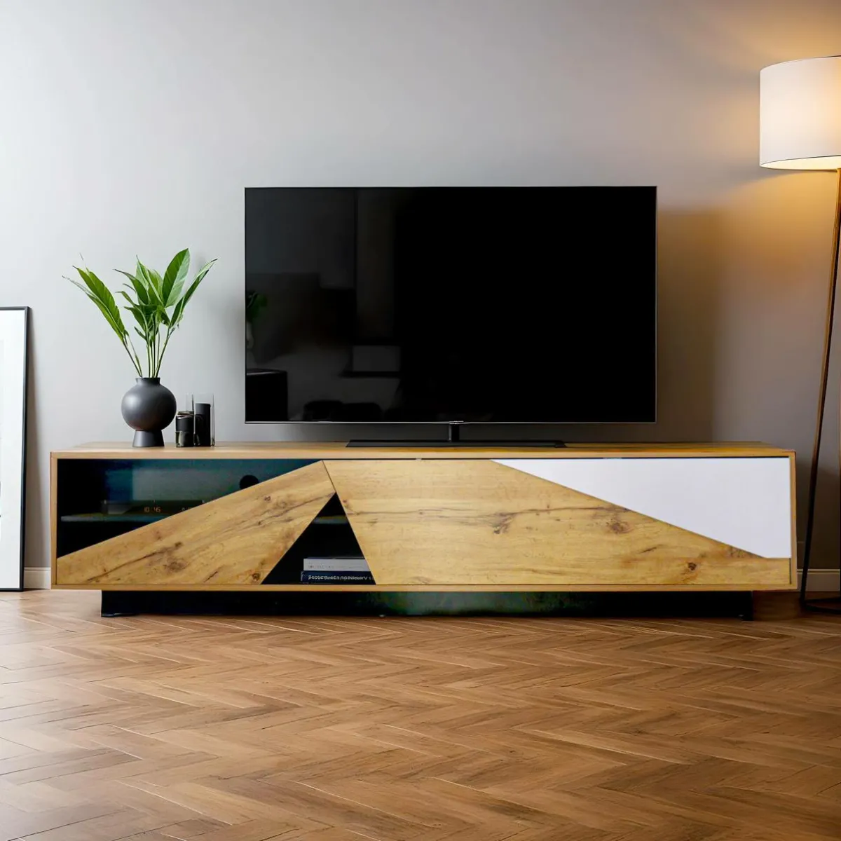 EMINZA Meuble TV en design (L180 x 40 cm) Alabama Blanc, noir et naturel Bois Sale