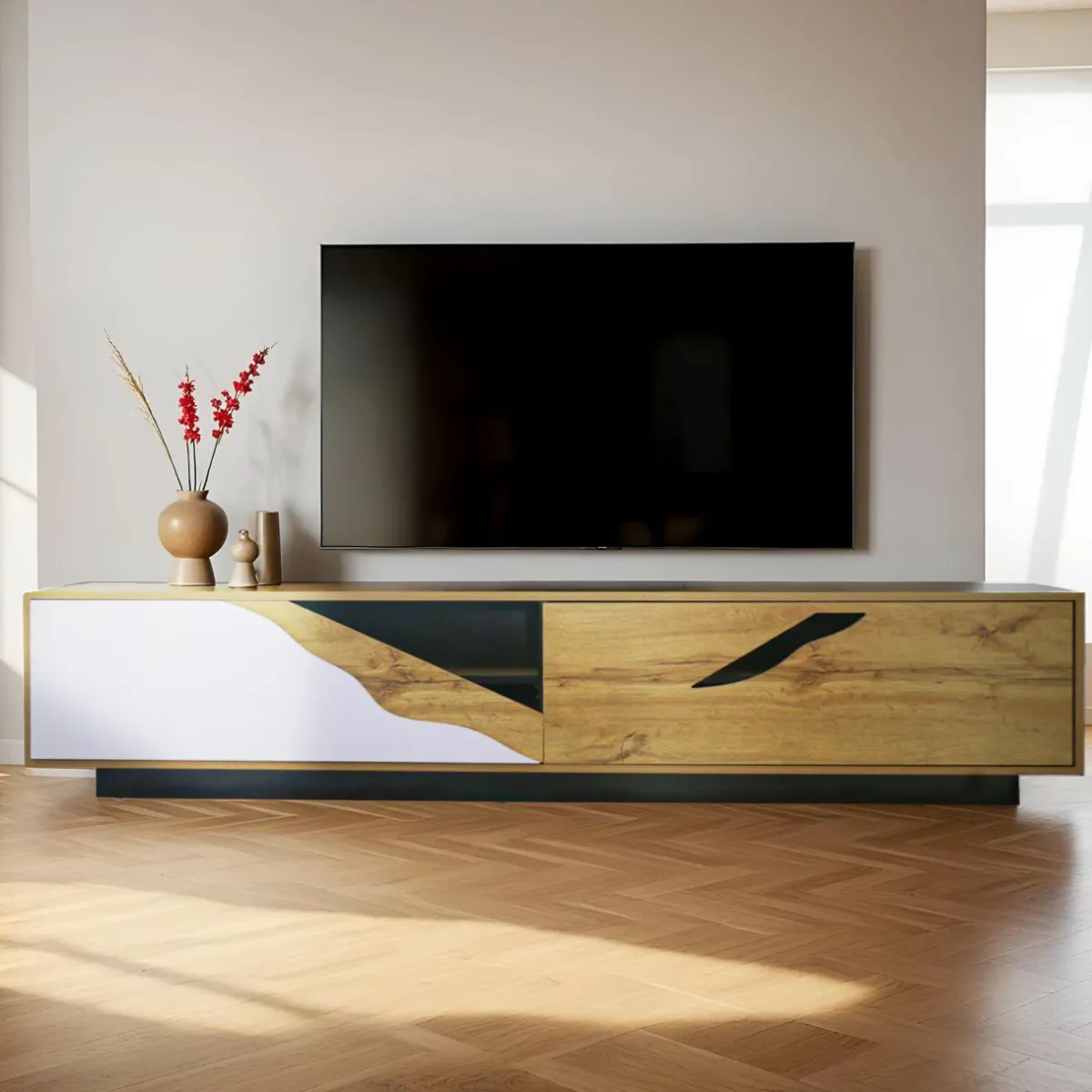EMINZA Meuble TV en design (L180 x 40 cm) Florida Blanc, noir et naturel Bois Clearance