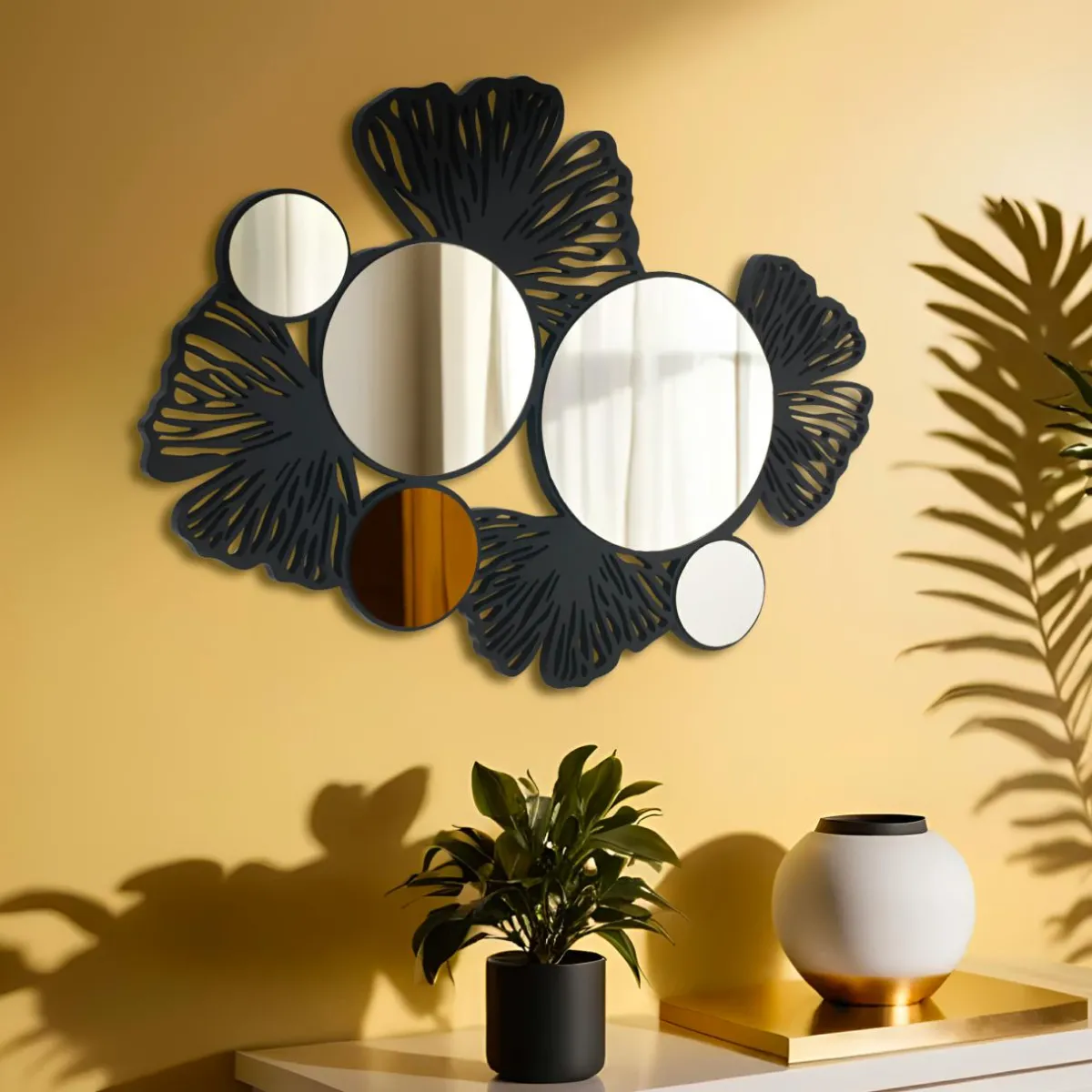 EMINZA Miroir et décoration murale en bois (77 cm) Ginkgo Noir Outlet