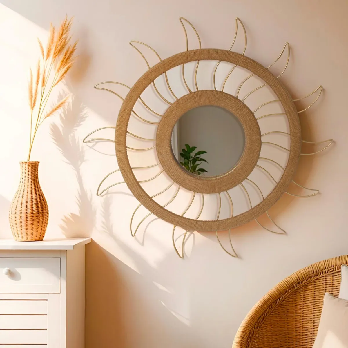 EMINZA Miroir et décoration murale chanvre (D75 cm) Sun Beige Naturel Sale