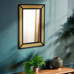 EMINZA Miroir mural en métal (H101 cm) Cannage Naturel et Noir Outlet