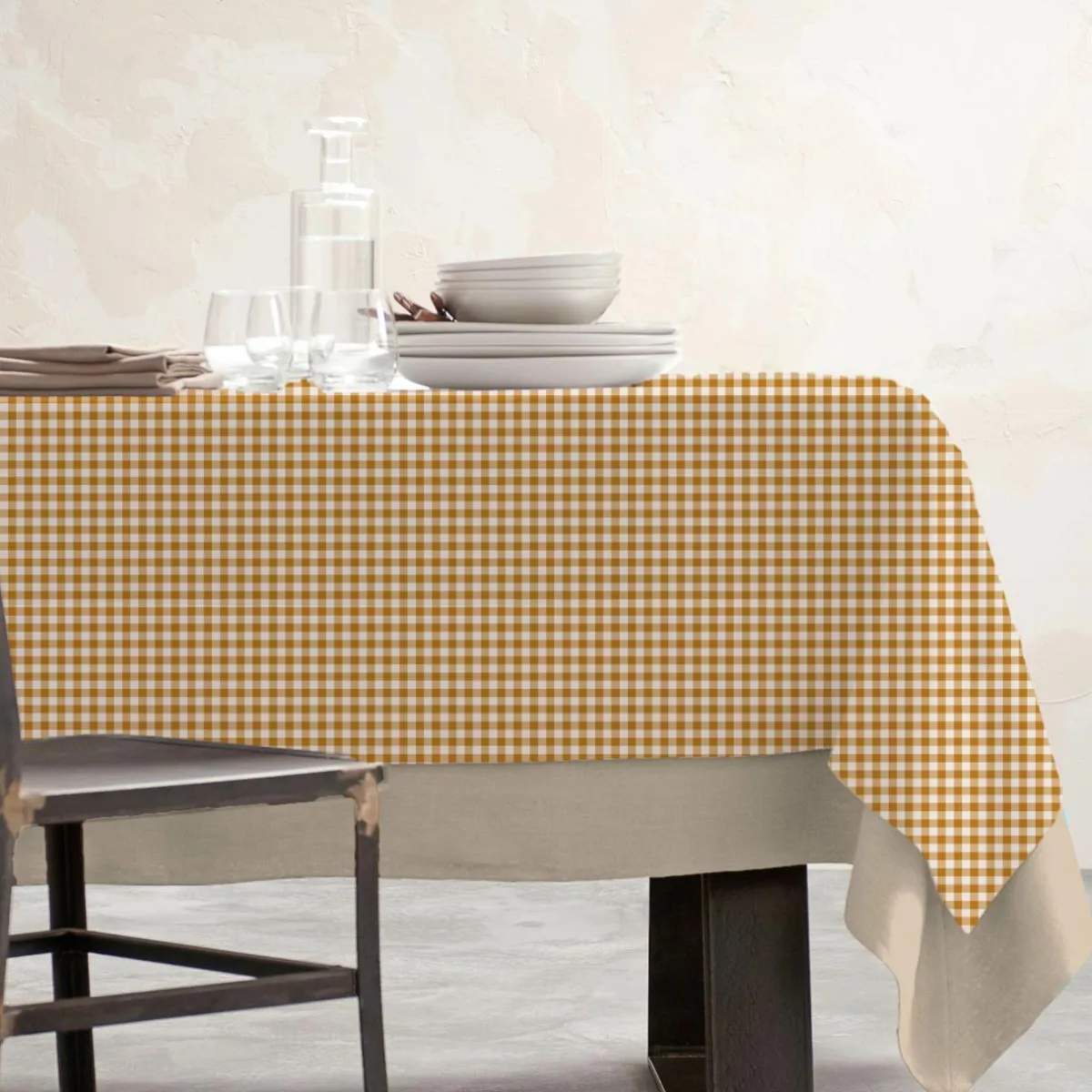 EMINZA Nappe rectangulaire coton enduit (150 x 250 cm) Vichy Jaune moutarde Online
