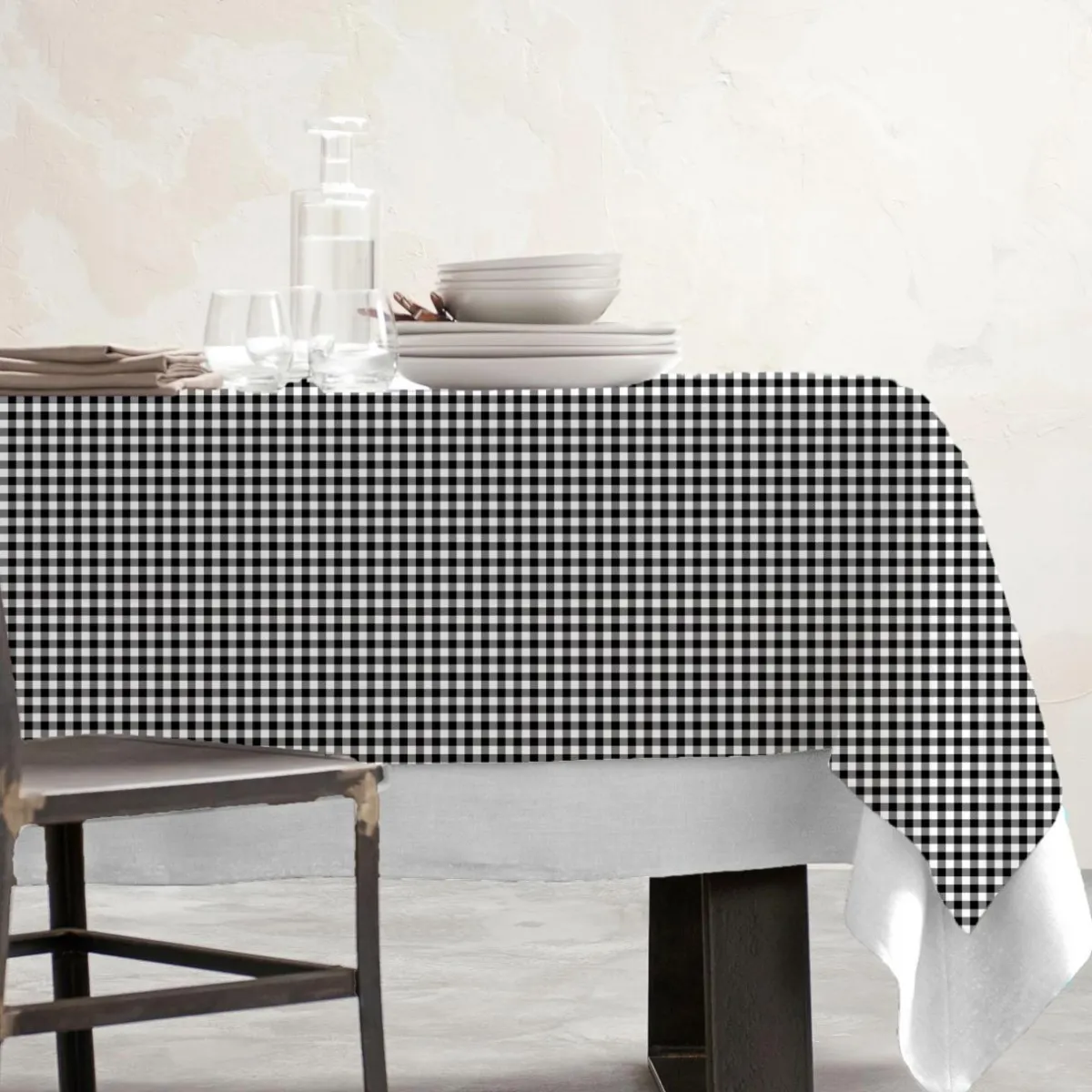 EMINZA Nappe rectangulaire coton enduit (150 x 250 cm) Vichy e Noir Sale