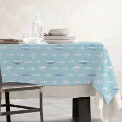 EMINZA Nappe rectangulaire coton enduit (150 x 350 cm) Fish e Bleu New