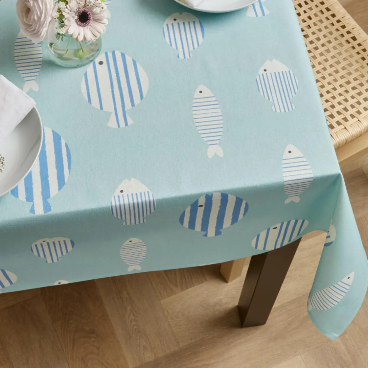 EMINZA Nappe rectangulaire coton enduit (150 x 250 cm) Fish e Bleu Sale