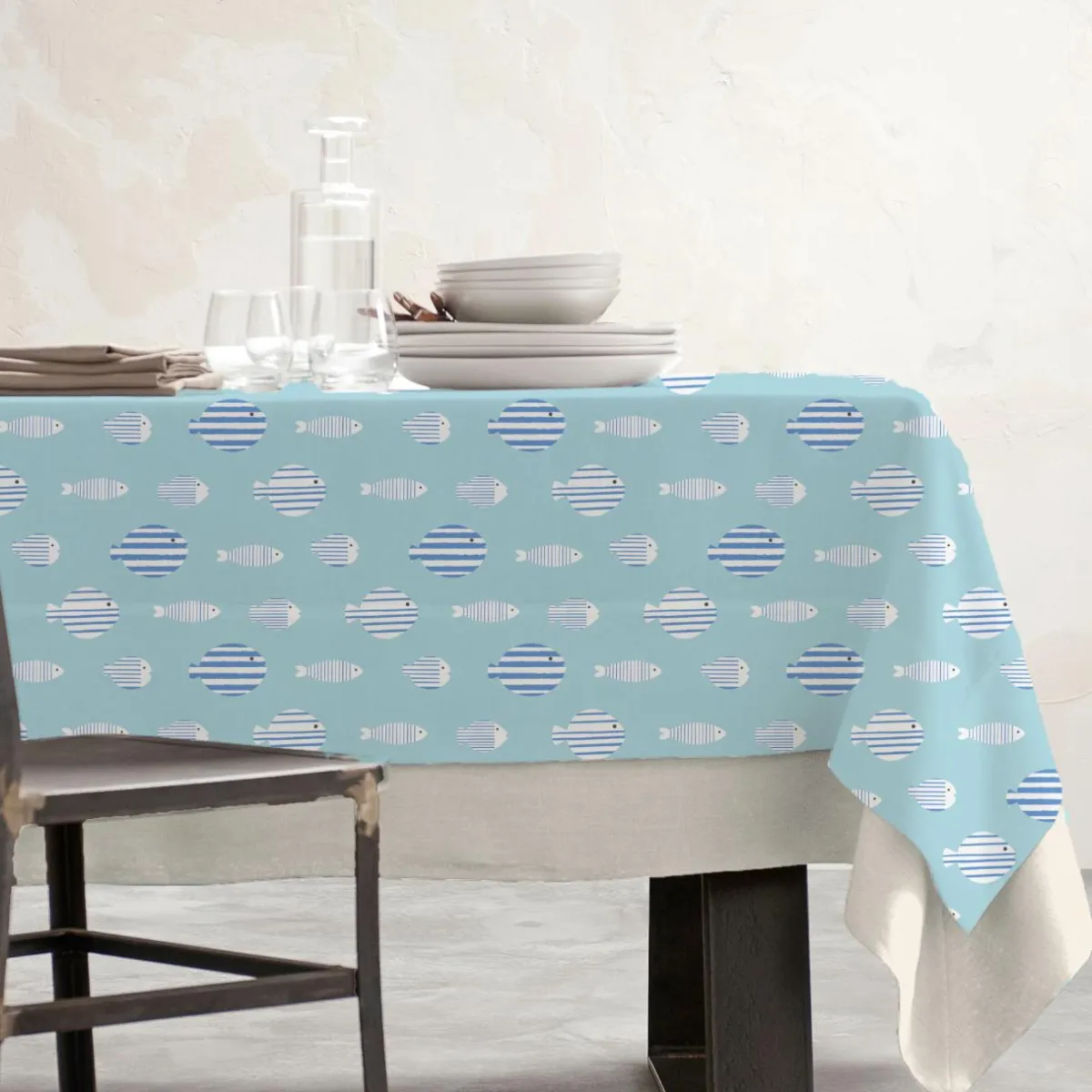 EMINZA Nappe rectangulaire coton enduit (150 x 250 cm) Fish e Bleu Sale