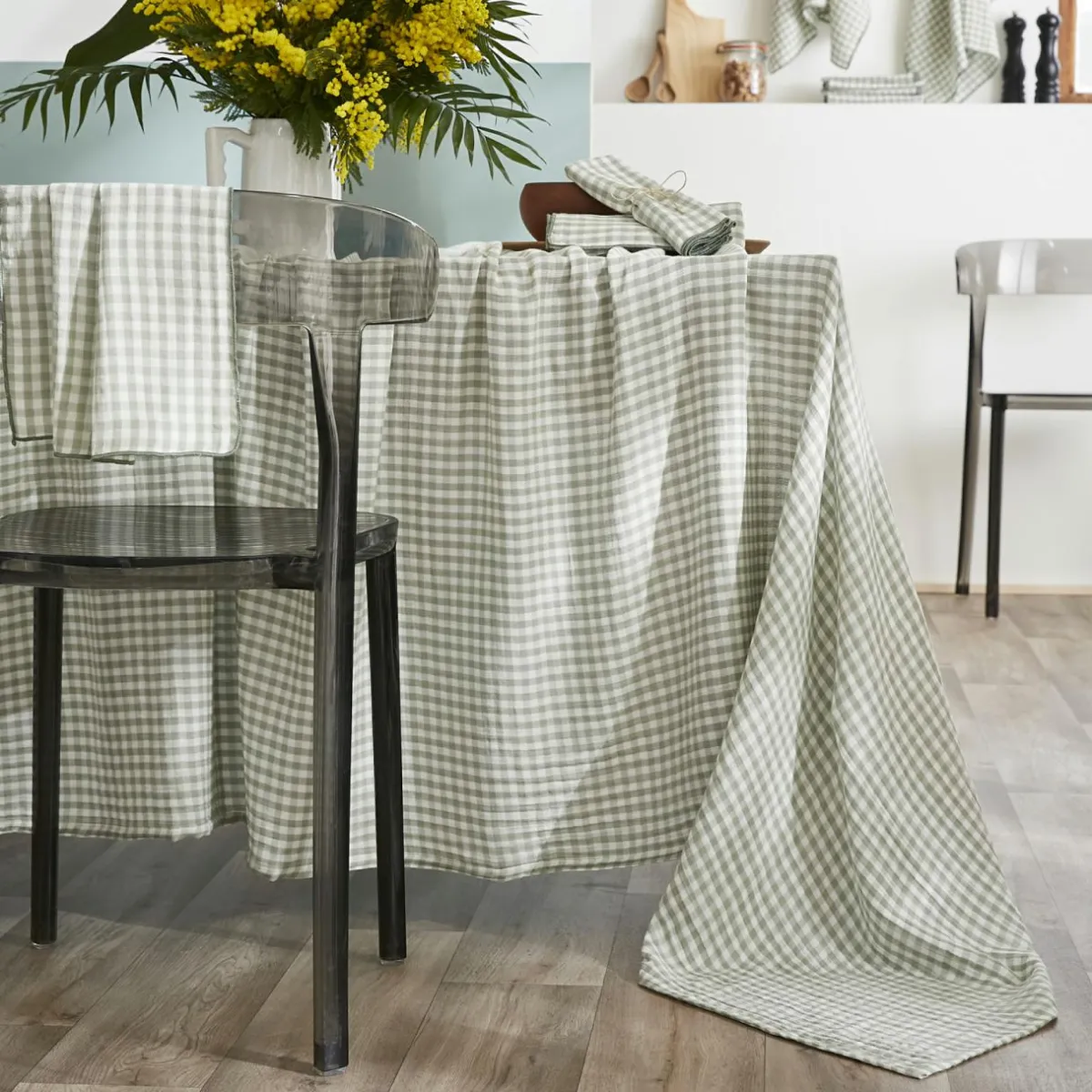 EMINZA Nappe rectangulaire gaze de coton (150 x 350 cm) Gaïa vichy Vert Eucalyptus New