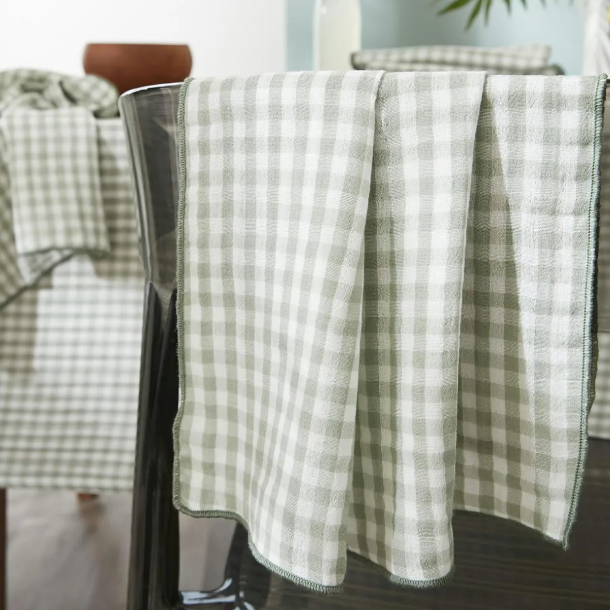 EMINZA Nappe rectangulaire gaze de coton (150 x 350 cm) Gaïa vichy Vert Eucalyptus New