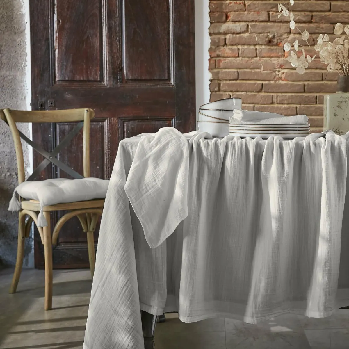 EMINZA Nappe rectangulaire gaze de coton (150 x 250 cm) Gaïa Gris nuage Gris clair Discount
