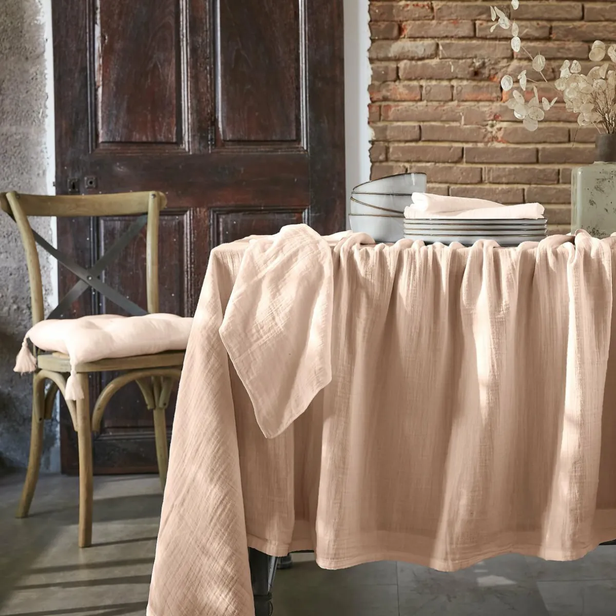 EMINZA Nappe rectangulaire gaze de coton (150 x 250 cm) Gaïa Rose poudré
