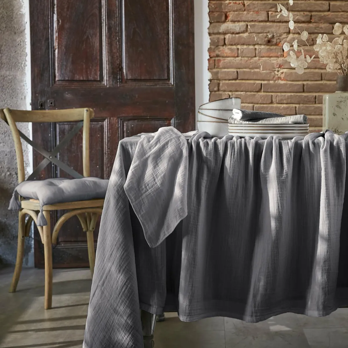 EMINZA Nappe rectangulaire gaze de coton (150 x 350 cm) Gaïa Gris granit Gris foncé