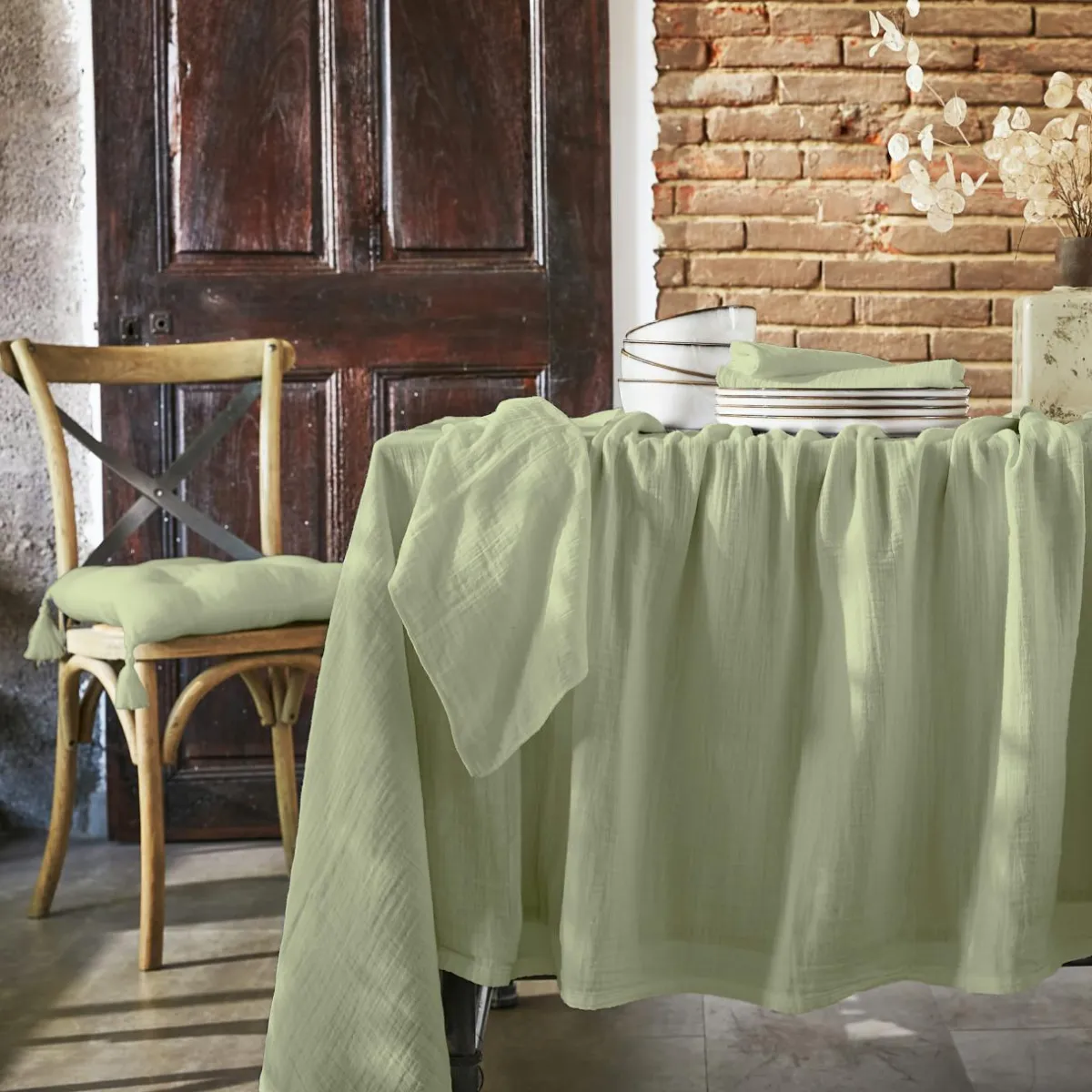 EMINZA Nappe rectangulaire gaze de coton (150 x 350 cm) Gaïa Vert tilleul Discount