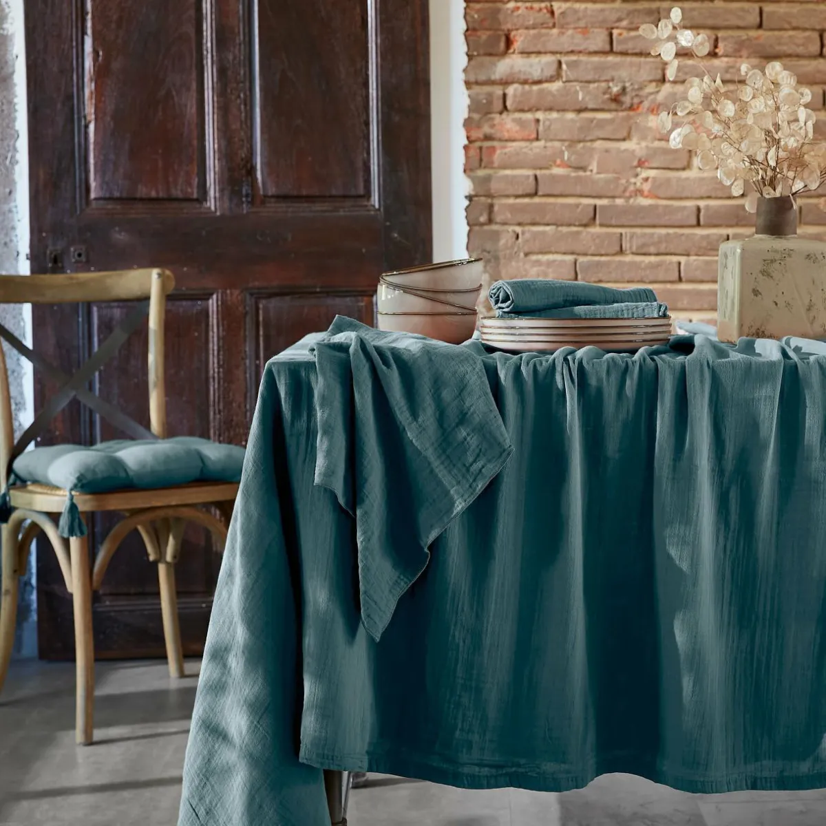 EMINZA Nappe rectangulaire gaze de coton (150 x 250 cm) Gaïa Bleu canard Outlet