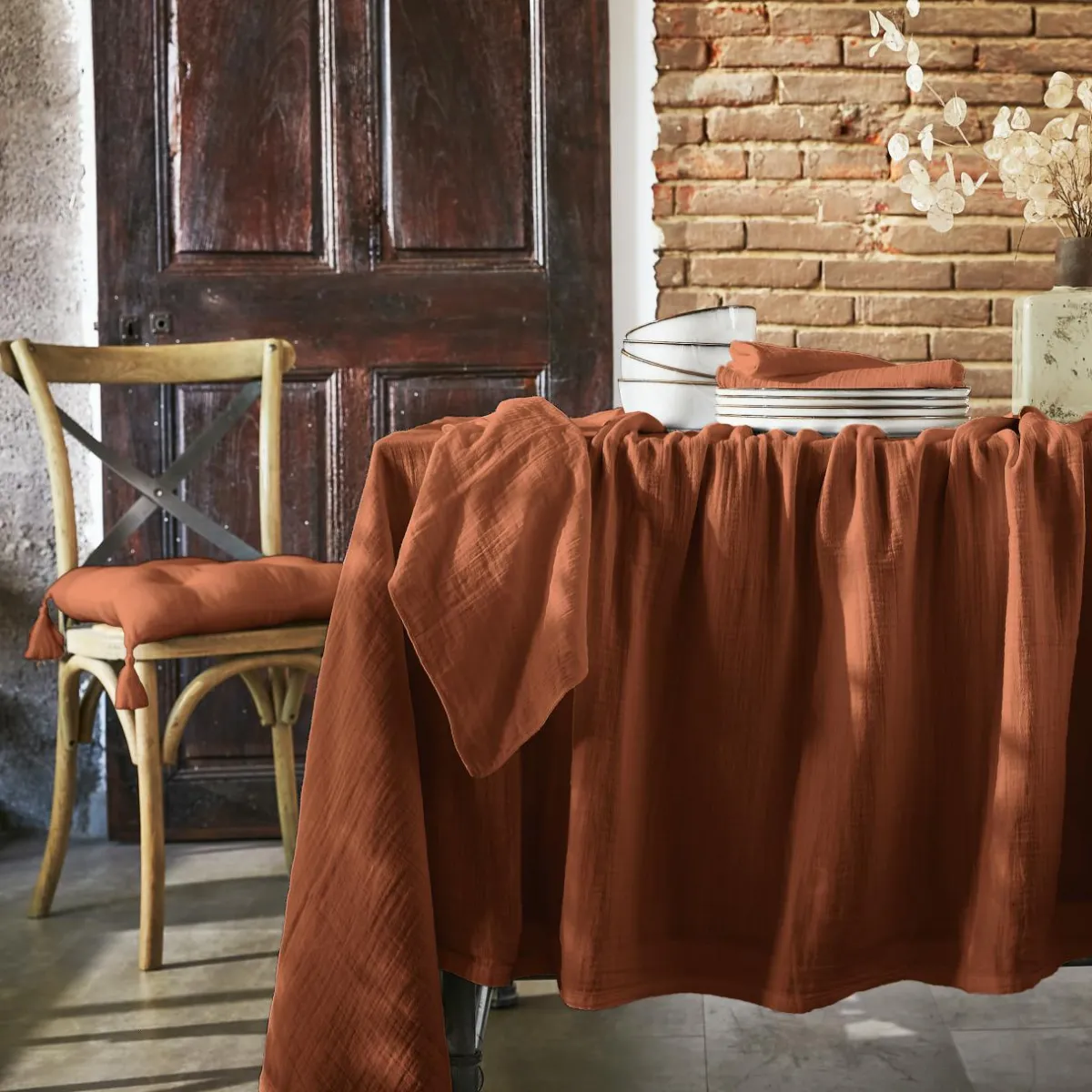 EMINZA Nappe rectangulaire gaze de coton (150 x 350 cm) Gaïa Terracotta