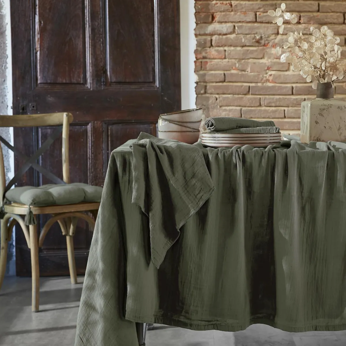 EMINZA Nappe rectangulaire gaze de coton (150 x 350 cm) Gaïa Vert romarin Online