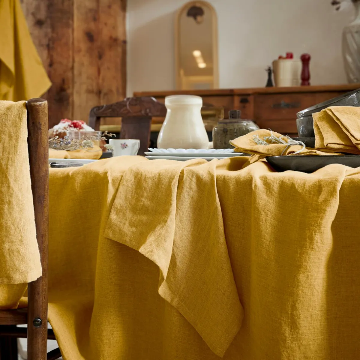 EMINZA Nappe rectangulaire lin lavé (170 x 350 cm) Louise Jaune moutarde Sale