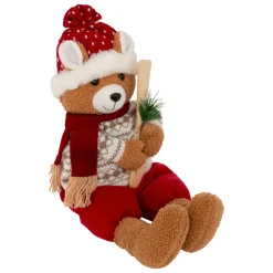 JJA Ours peluche assis (H50 cm) Petit Skieur Brun et Rouge New