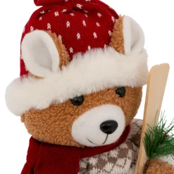 JJA Ours peluche assis (H50 cm) Petit Skieur Brun et Rouge New