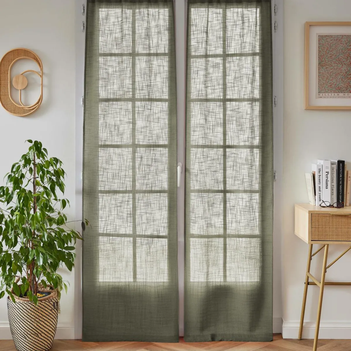 EMINZA Paire de voilages passe-tringle effet lin (70 x 200 cm) Robin Vert romarin Clearance