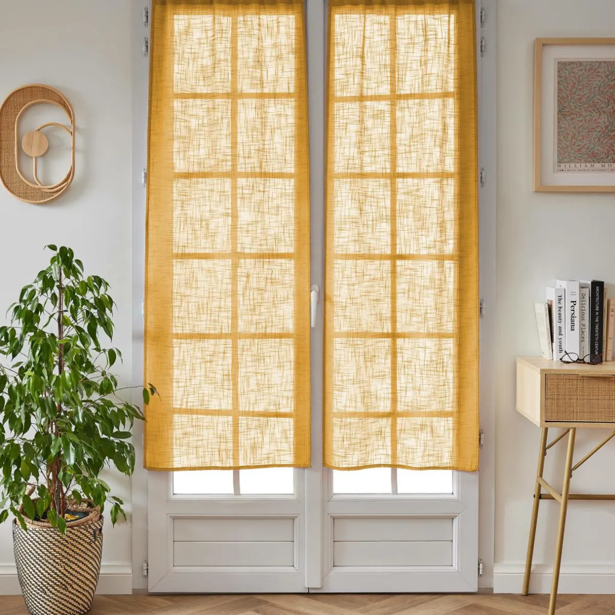 EMINZA Paire de voilages passe-tringle effet lin (60 x 160 cm) Robin Jaune ocre Online