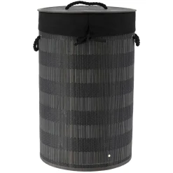 TENDANCE Panier à linge rond et pliable (H55 cm) Bambou et gris Noir