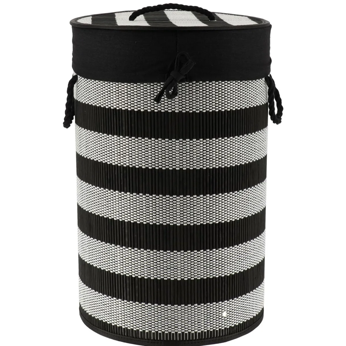 TENDANCE Panier à linge rond et pliable (H55 cm) Bambou Noir et blanc Noir cendré