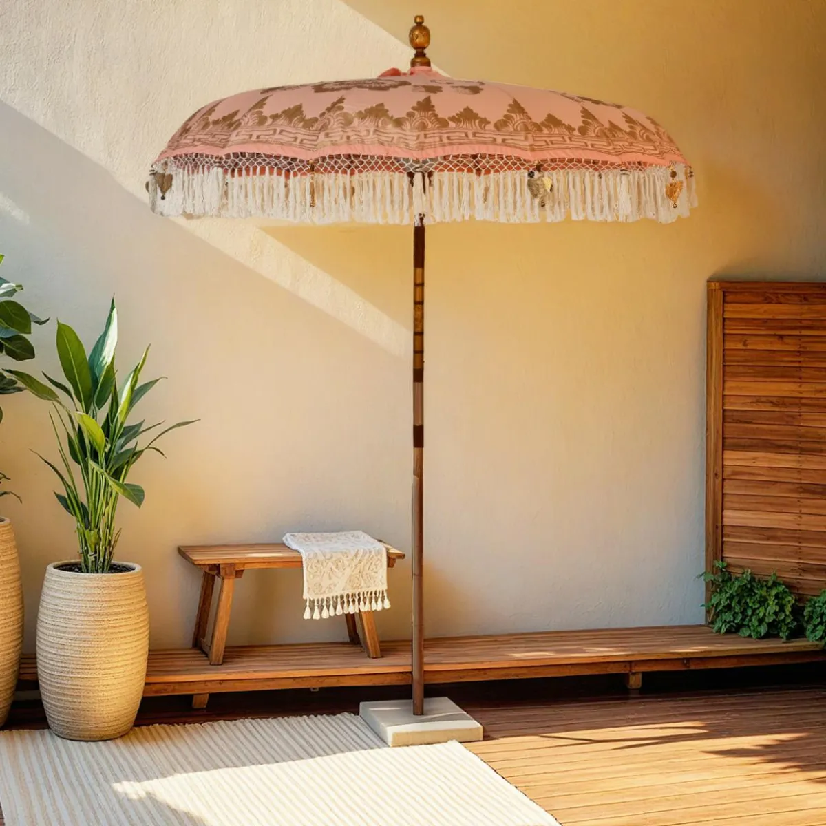 KAEMINGK Parasol de jardin rond à franges (D2 m) Jaipur Beige rosé et dorure Nude New
