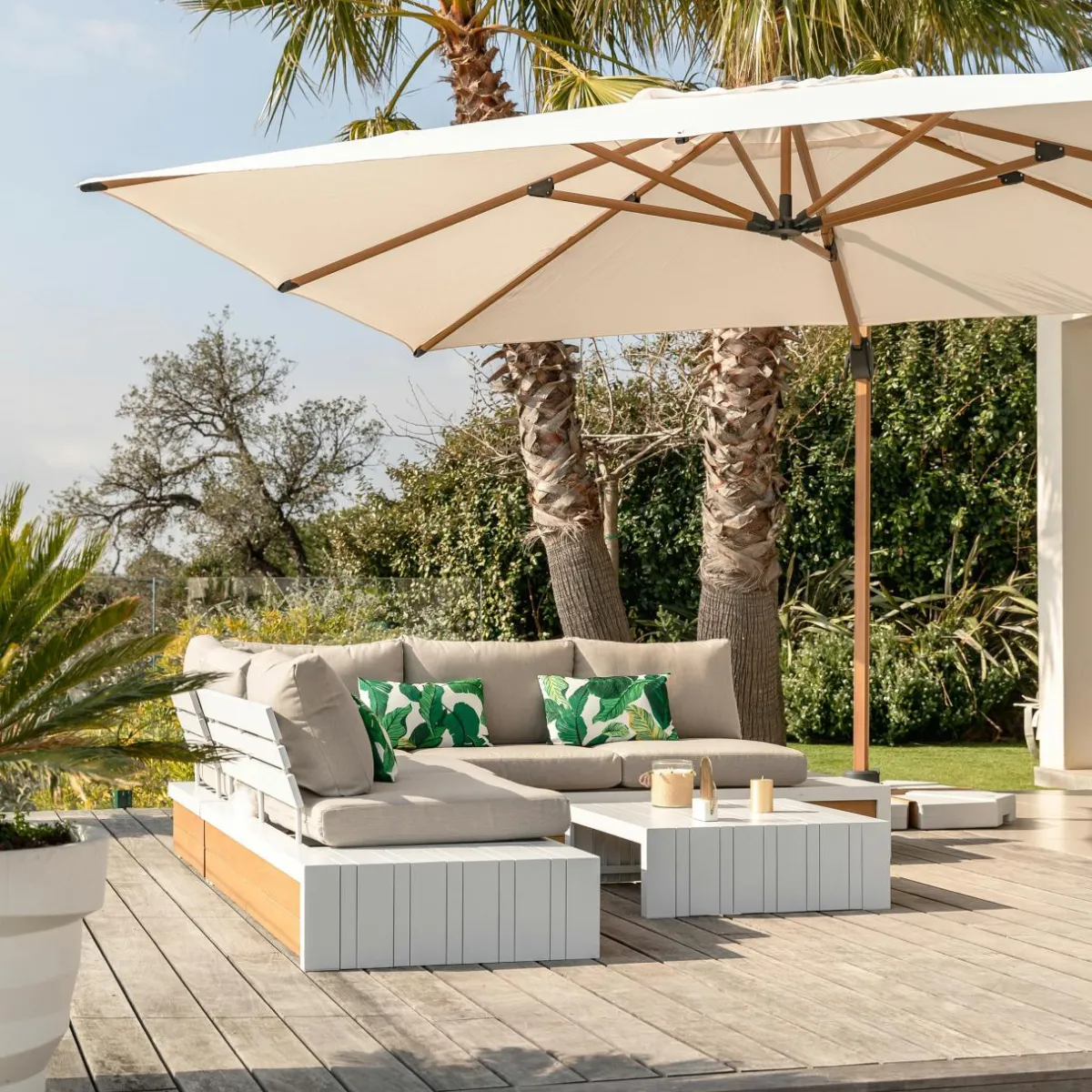 MOBELLIA Parasol déporté rectangulaire aluminium (4 x 3 m) Yucatan effet Bois et blanc Effet bois - blanc