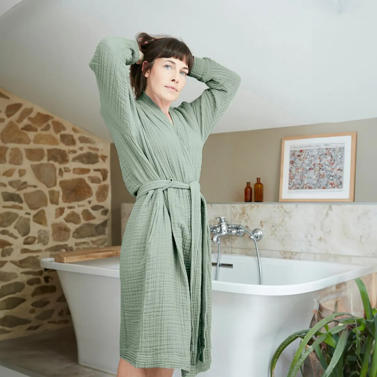 EMINZA Peignoir de bain gaze de coton S/M Gaïa Vert Eucalyptus Online