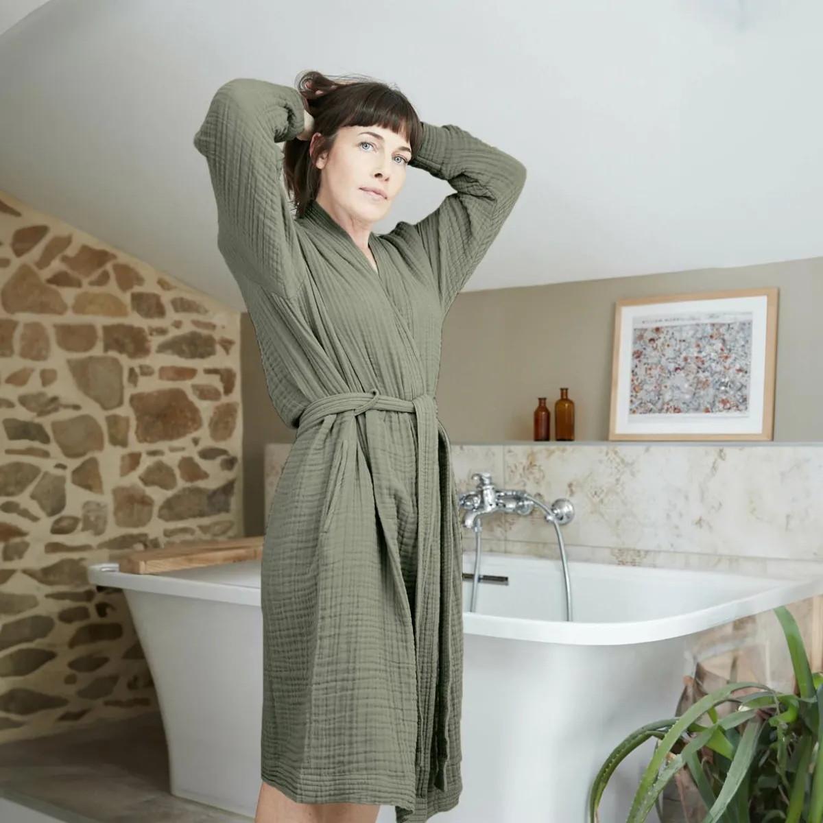 EMINZA Peignoir de bain gaze de coton S/M Gaïa Vert romarin Online