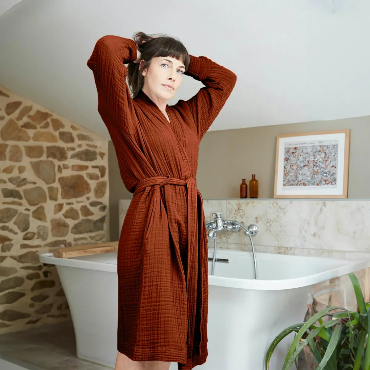 EMINZA Peignoir de bain gaze de coton S/M Gaïa Terracotta