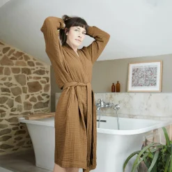 EMINZA Peignoir de bain gaze de coton L/XL Gaïa Camel New