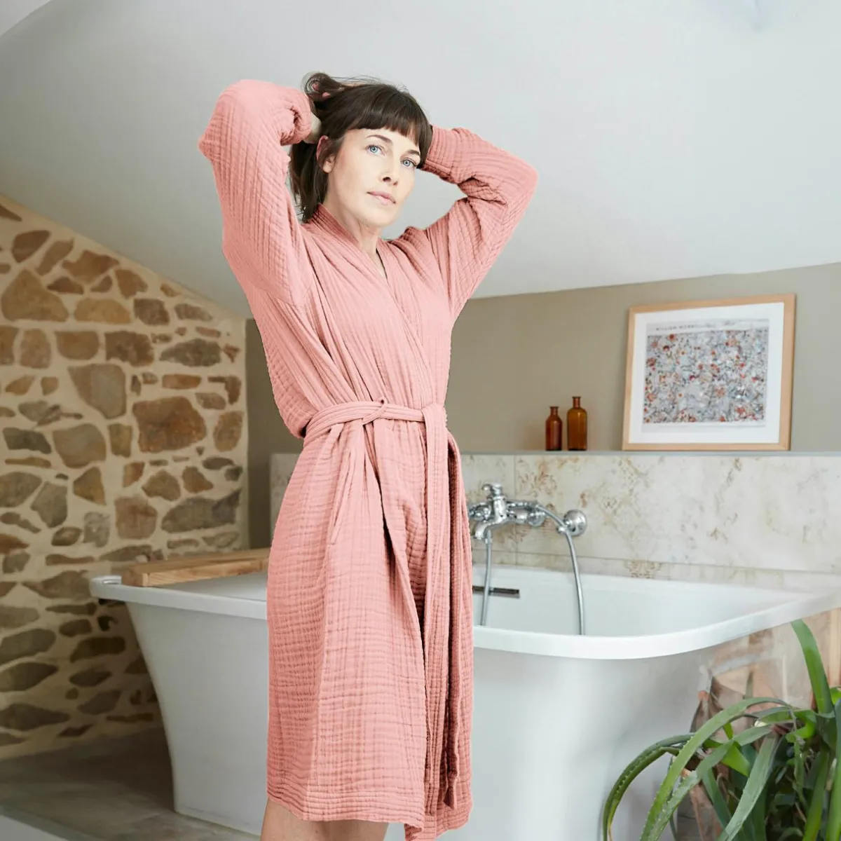 EMINZA Peignoir de bain gaze de coton S/M Gaïa Rose Pêche Discount