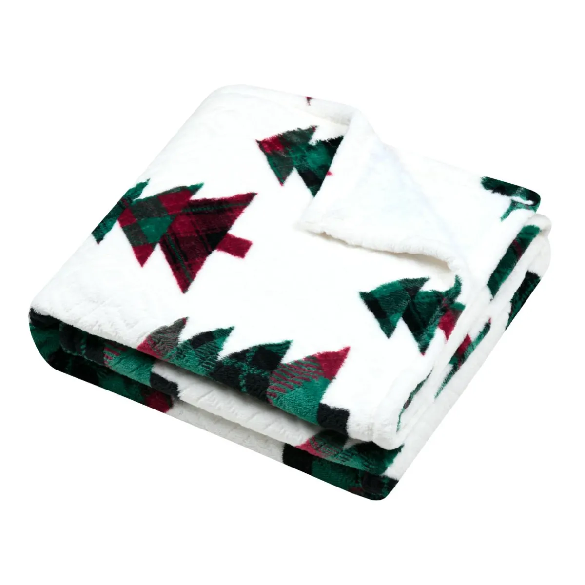 STOF Plaid de Noël en flanelle (130 x 160 cm) Forêt de sapin Blanc et Vert Clearance