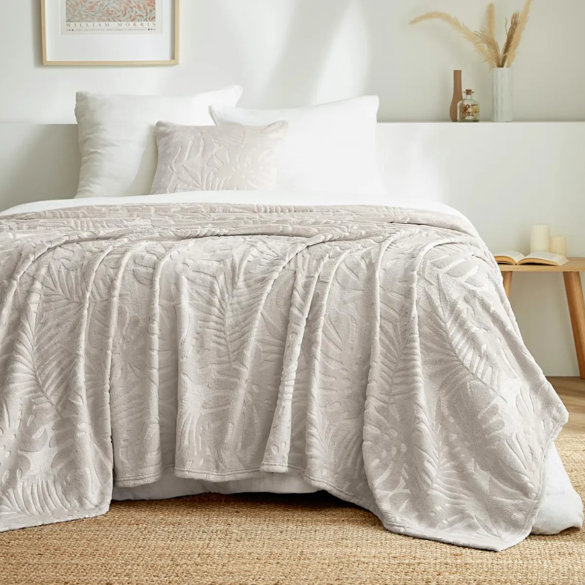 EMINZA Plaid doux flanelle (180 x 230 cm) Flore Ecru New