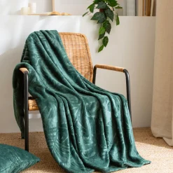 EMINZA Plaid doux flanelle (130 x 180 cm) Flore Vert Discount