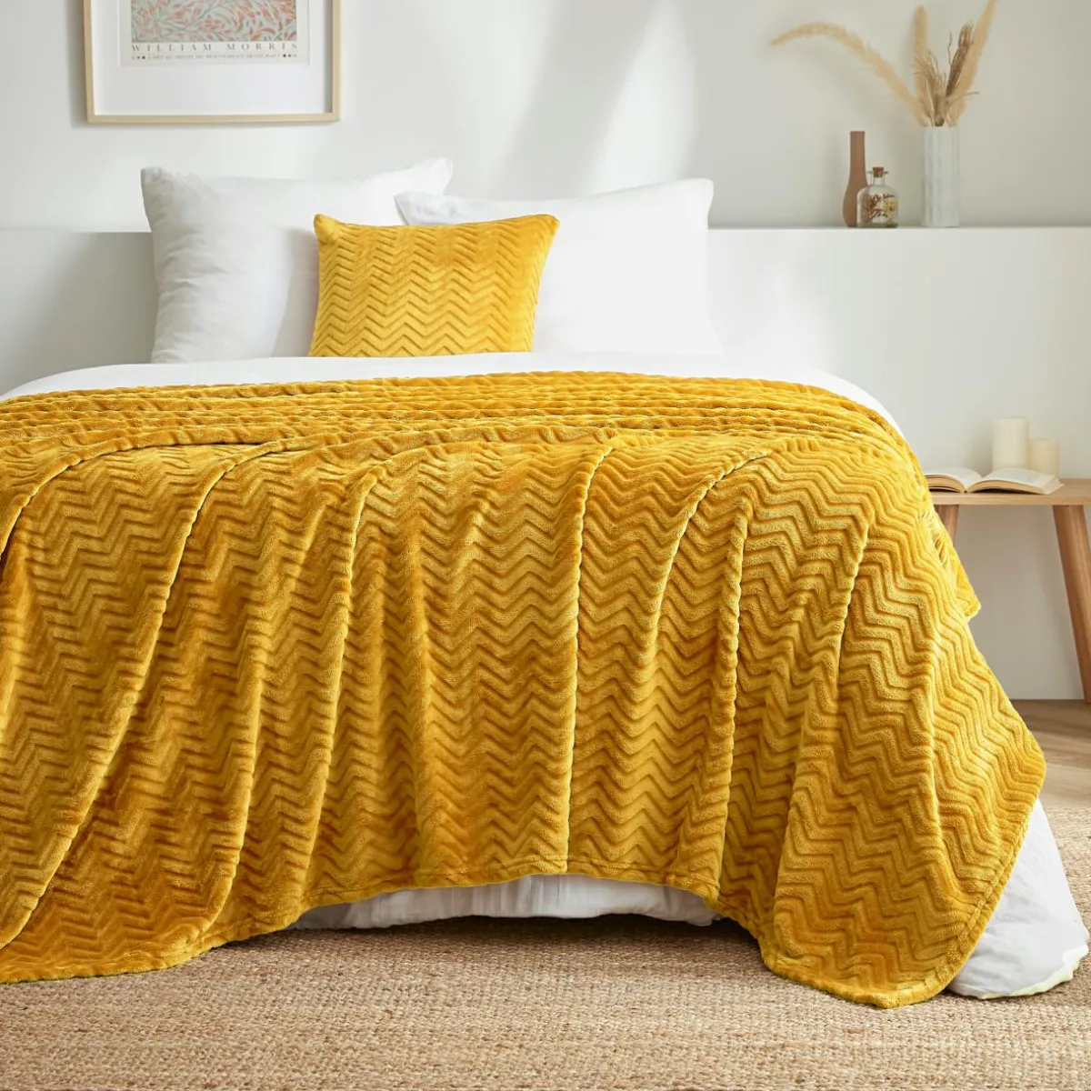 EMINZA Plaid doux flanelle (220 x 240 cm) Zag Jaune moutarde Discount