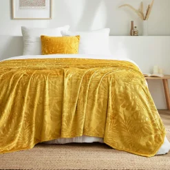 EMINZA Plaid doux flanelle (220 x 240 cm) Flore Jaune moutarde Outlet
